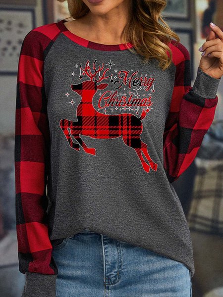 

Women Merry Christmas Moose Crew Neck Loose Casual Top, Deep gray, Long sleeves