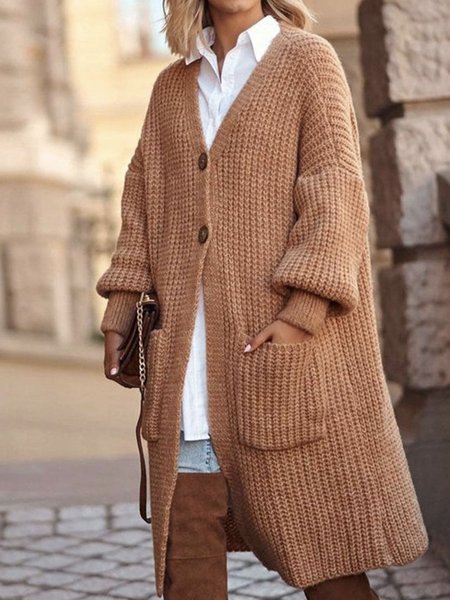 

Long sleeve Simple Plain V Neck Lantern Sleeve Sweater Coat, Brown, Cardigans