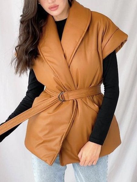 

Simple Regular Fit Plain Sleeveless Fleece Coat, Yellow, Others
