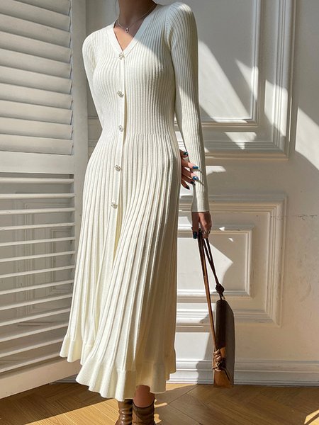 

Elegant Plain Long Sleeve Buttoned Pleated Sweater Dress, Off white, Midi Dresses
