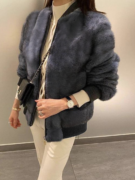 

Loose Urban Stand Collar Long sleeve Plain Teddy Jacket, As picture, Coats
