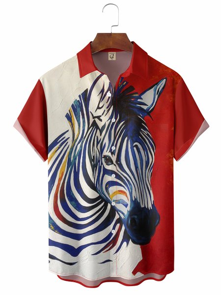 

Zebra Art Painting Chest Pocket Short Sleeve Casual Shirt, Red, Men Shirts