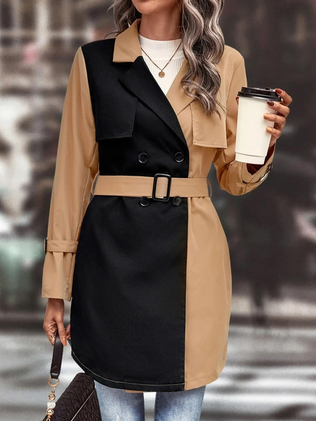 

Casual Two Tone Double Breasted Belted Trench Coat With Belt, Multicolor, Trench Coats