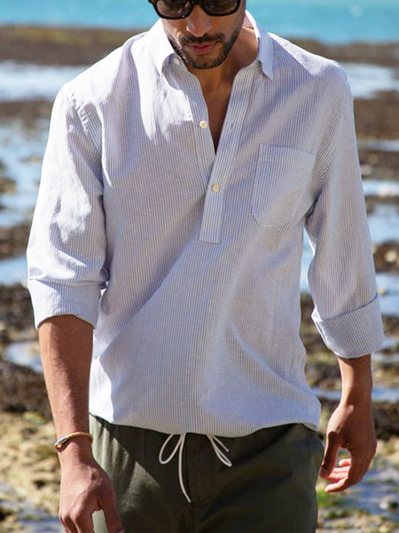 Striped Chest Pocket Long sleeve casual shirt, As picture, Long Sleeve Shirts