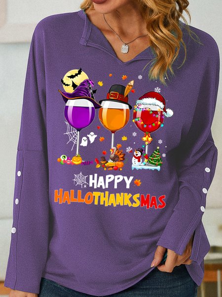 

Women's Happy Hallo Thanks Mas Funny Three Red Wine Glasses Christmas Graphic Print V Neck Simple Sweatshirt, Purple, Hoodies&Sweatshirts