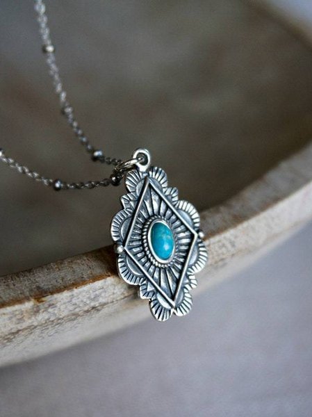 

Boho Turquoise Ethnic Pattern Embossed Pendant Necklace Vintage Jewelry, Silver, Necklaces