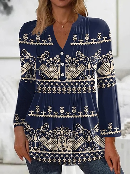 

Ethnic V Neck Casual Top, Blue, Tops