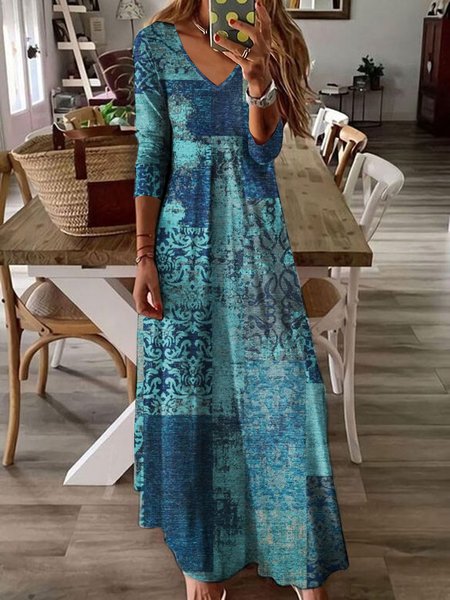 

Regular Fit V Neck Ethnic Dress, Blue, Dresses