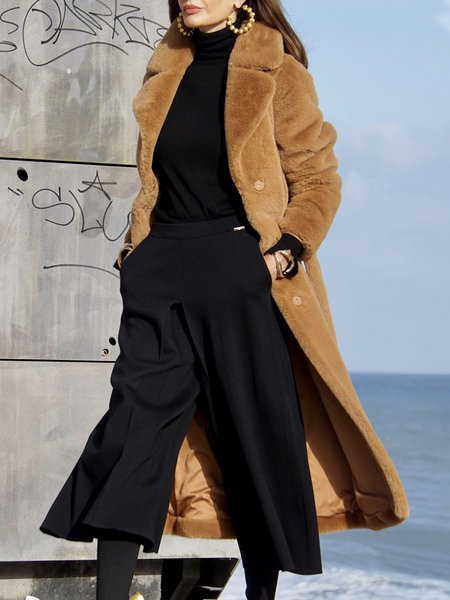 

Simple Long Sleeve Plain Loose Teddy Jacket, Yellow brown, Coats