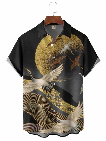 

Japanese Ukiyoe Crane Chest Pocket Short Sleeve Resort Shirt, Black, Men Shirts