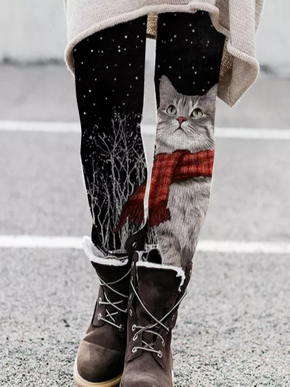 

Casual Tight Animal Cat Leggings, Black, leggings