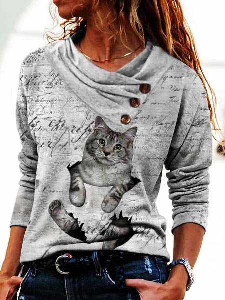 

Asymmetrical Cat Casual Loose Top, Gray, Tops