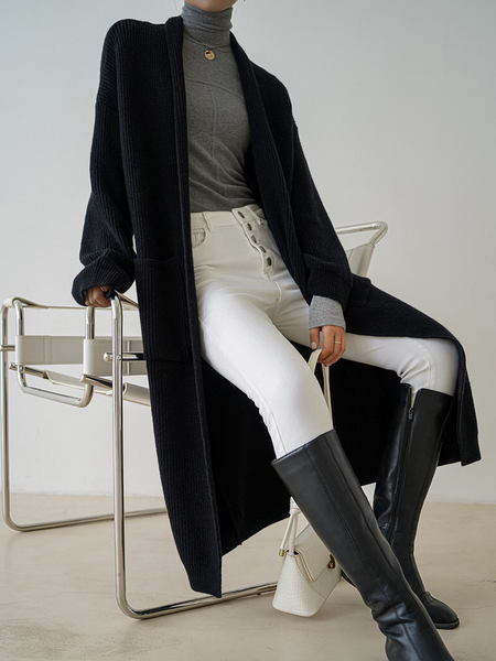 

Loose V Neck Long sleeve Urban Mid-long Sweater Coat, Black, Cardigans