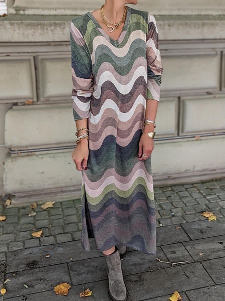 Casual Regular Fit Striped V Neck Dress, Multicolor, Maxi Dresses