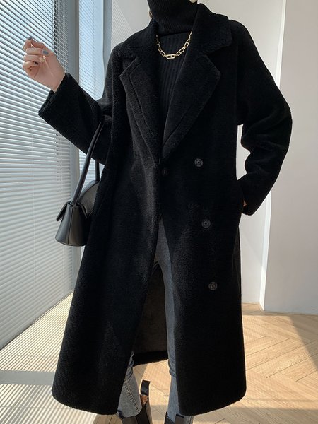 Long sleeve Lapel Collar Faux Fur Regular Fit Teddy Jacket, Black, Coats