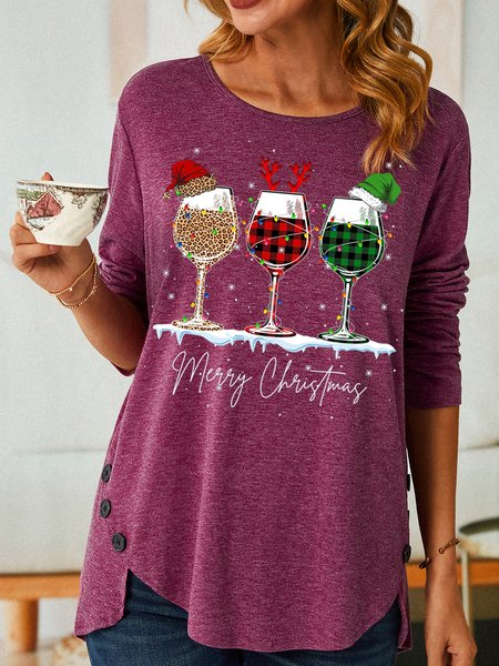 

Women's Funny Three Red Wine Glasses Christmas Graphic Print Casual Cotton-Blend Loose Top, Wine red, Long sleeves