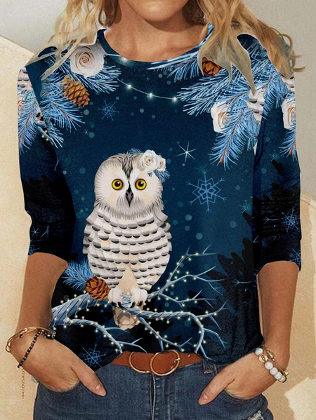 

Womens Casual Christmas Owl Crew Neck Top, As picture, Long sleeves