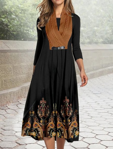 

Boho Ethnic Regular Fit Cross Neck Dress, Black, Midi Dresses