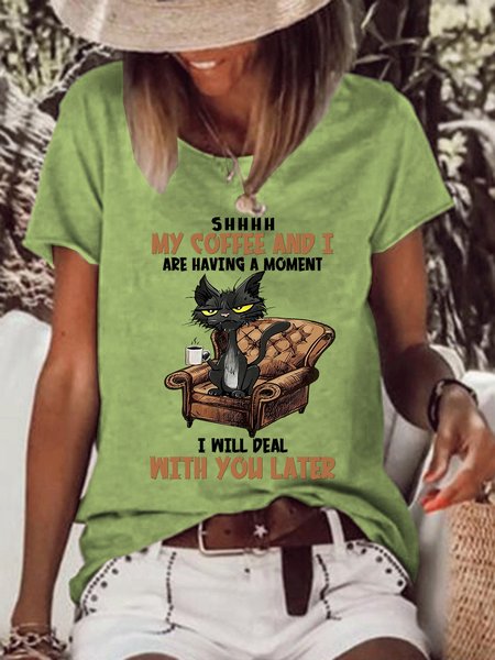 

Women Funny Cat Coffee Cotton-Blend Loose Crew Neck T-Shirt, Green, T-shirts