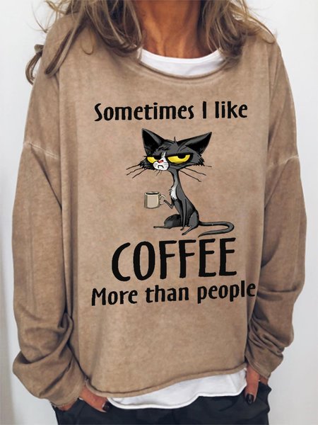 

Women Funny Word I Like Coffee Than More People Crew Neck Text Letters Loose Sweatshirt, Khaki, Hoodies&Sweatshirts