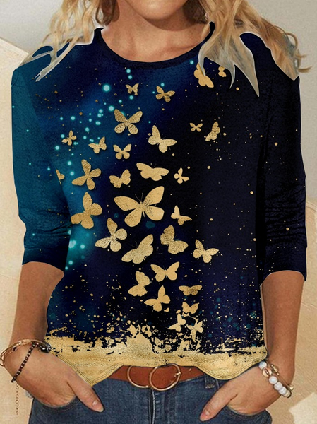 

Womens Butterfly Print Casual Top, As picture, Long sleeves