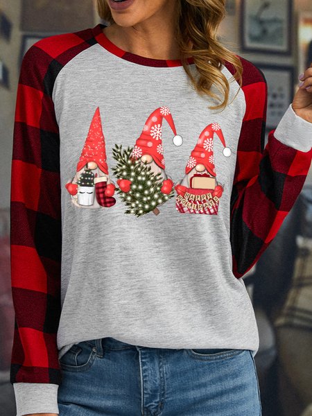 

Women's Christmas Gnome Buffalo Plaid Graphic Print Merry Christmas Loose Crew Neck Top, White, Long sleeves