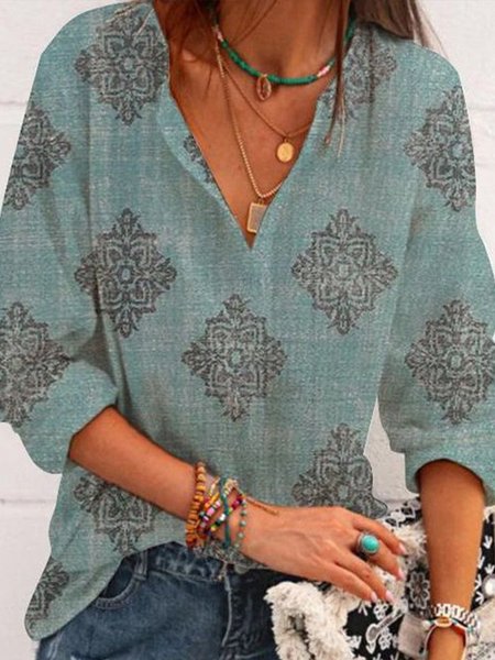 

V Neck Geometric Vintage Top, Blue, Tops