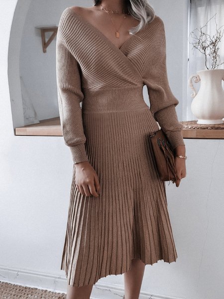 

Elegant Long Sleeve Plain Pleated Sweater Dress, Coffee, Midi Dresses