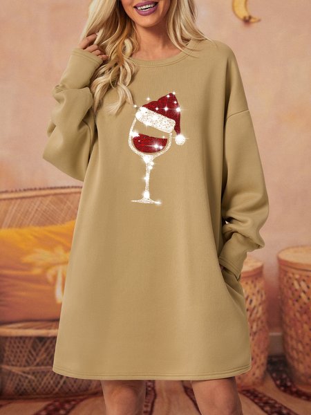 

Women Merry Christmas Wine Glasses Crew Neck Casual Loose Sweatshirt Dress, Khaki, Dresses