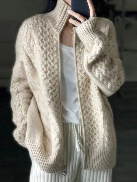 

Stand Collar Regular Fit Sweater Coat, Khaki, Outerwear