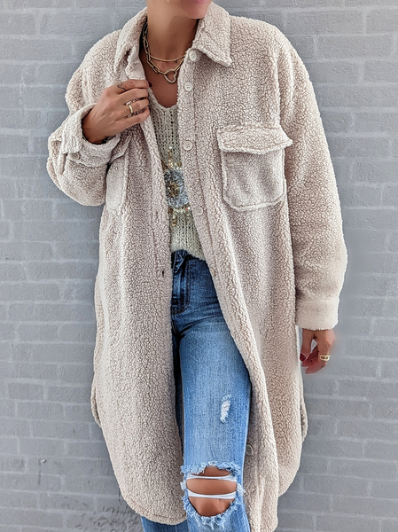 

Casual Plain Loose Fluff/Granular Fleece Fabric Teddy Jacket, Off white, Outerwear