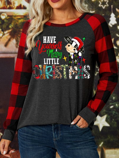 

Women's Have Yourself A Merry Little Christmas Christmas Buffalo Plaid Graphic Print Merry Christmas Loose Crew Neck Top, Gray, Long sleeves