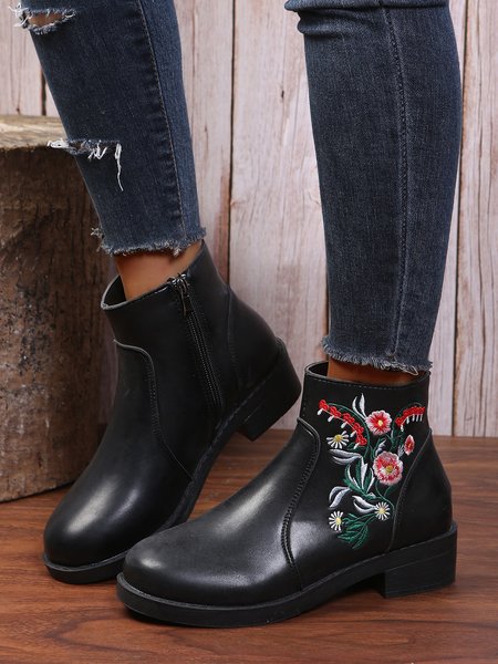 

Ethnic Color Block Floral Embroidery Chunky Heel Booties, Black, Boots