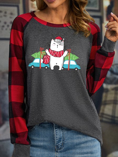 

Lilicloth X Jessanjony Cat With Christmas Tree Women's Christmas Long Sleeve Buffalo Plaid T-Shirt, Gray, Long sleeves