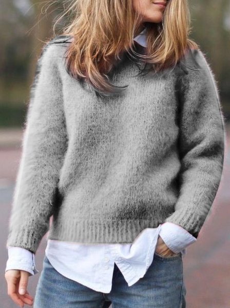 

Plain Casual Yarn/Wool Yarn Sweater, Light gray, Sweaters