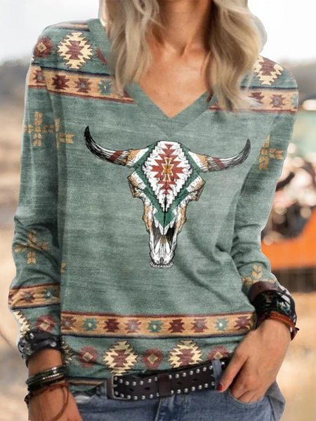 

Women's Western Cattle V Neck Loose T-Shirt, Green, T-Shirts