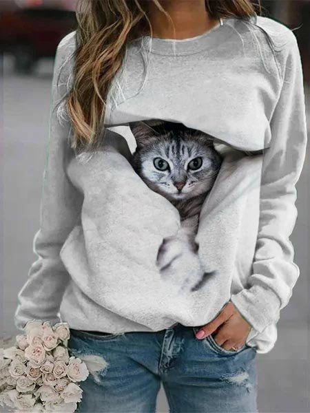 

Casual Raglan Sleeve Crew Neck Cat Sweatshirt, Gray, Hoodies & Sweatshirts