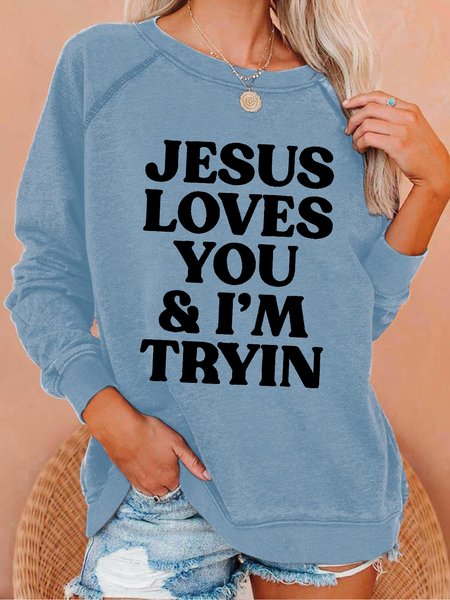 

Women's Jesus Loves You I Am Tryin Christmas Graphics Printed Text Letters Casual Sweatshirt, Light blue, Hoodies&Sweatshirts