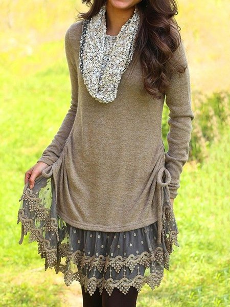 Casual Plain Lace Regular Fit Crew Neck Dress, Brown, Dresses