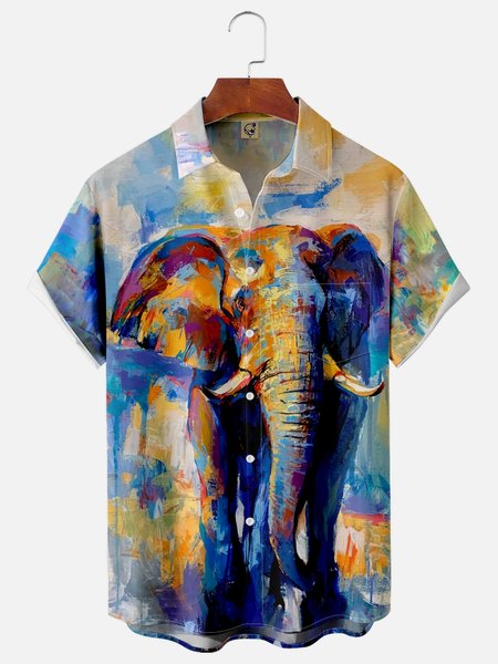 

Elephant Painting Chest Pocket Short Sleeve Casual Shirt, Blue, Men Shirts