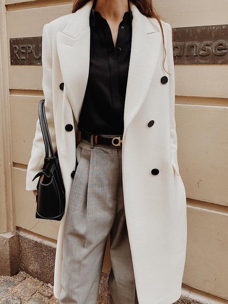 Loose Lapel Collar Urban Simple Double Breasted Overcoat, White, Coats