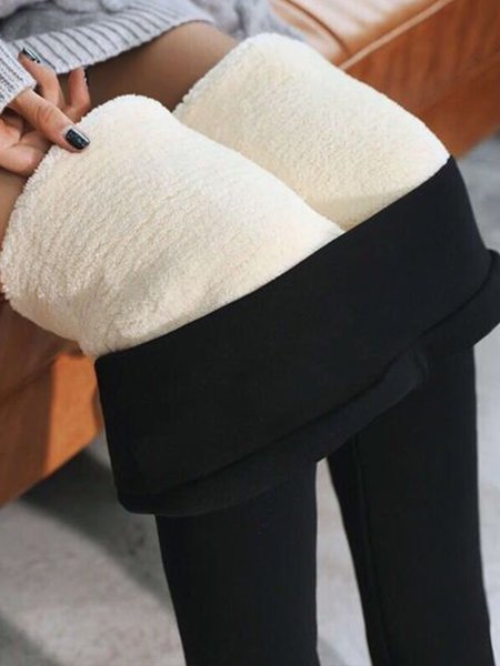 

Plain High Waist Regular Fit Fleece Leggings, Black, Pants