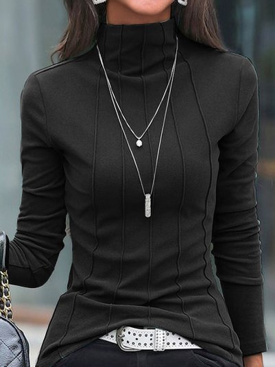 

Casual Turtleneck Plain Top, Black, Tops