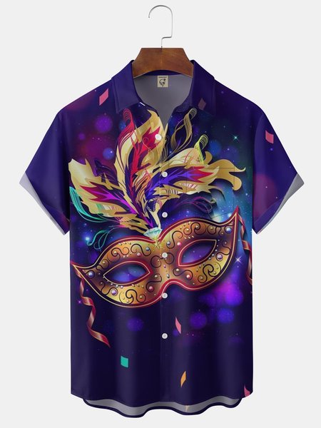 

Mardi Gras Mask Chest Pocket Short Sleeve Casual Shirt, Purple, Men Shirts
