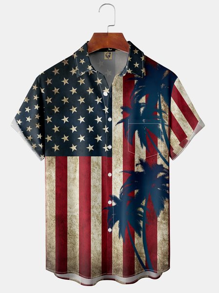 

American Flag Coconut Tree Chest Pocket Short Sleeve Hawaiian Shirt, Red, Men Shirts