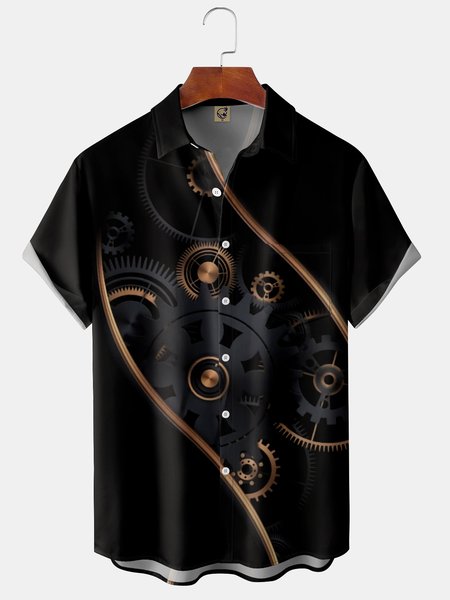 

Mechanical Chest Pocket Short Sleeve Shirt, Black, Men Shirts