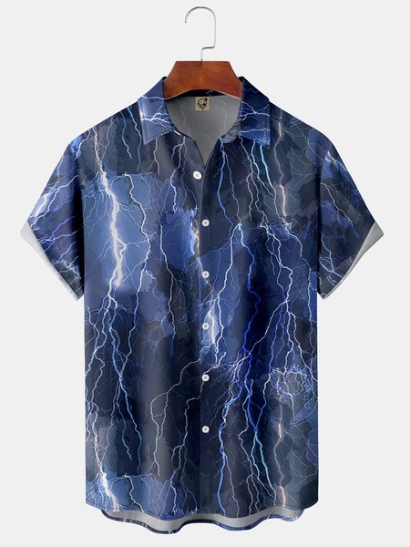 

Art Lightning Chest Pocket Short Sleeve Shirt, Blue, Men Shirts
