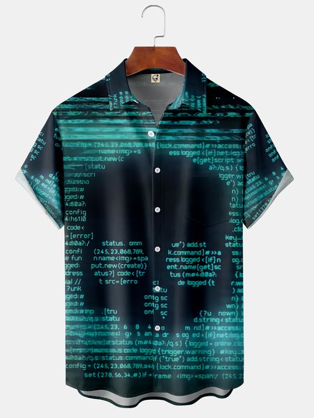 

3D Scientific Number Code Chest Pocket Short Sleeve Shirt, Black, Men Shirts