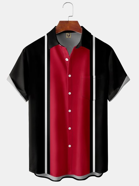 

Basic Color block Chest Pocket Short Sleeve Bowling Shirt, Black, Men Shirts