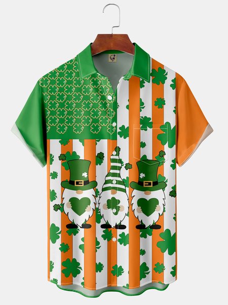 

St Patricks Day Flag Gnomes Chest Pocket Short Sleeve Shirt, Green, Men Shirts
